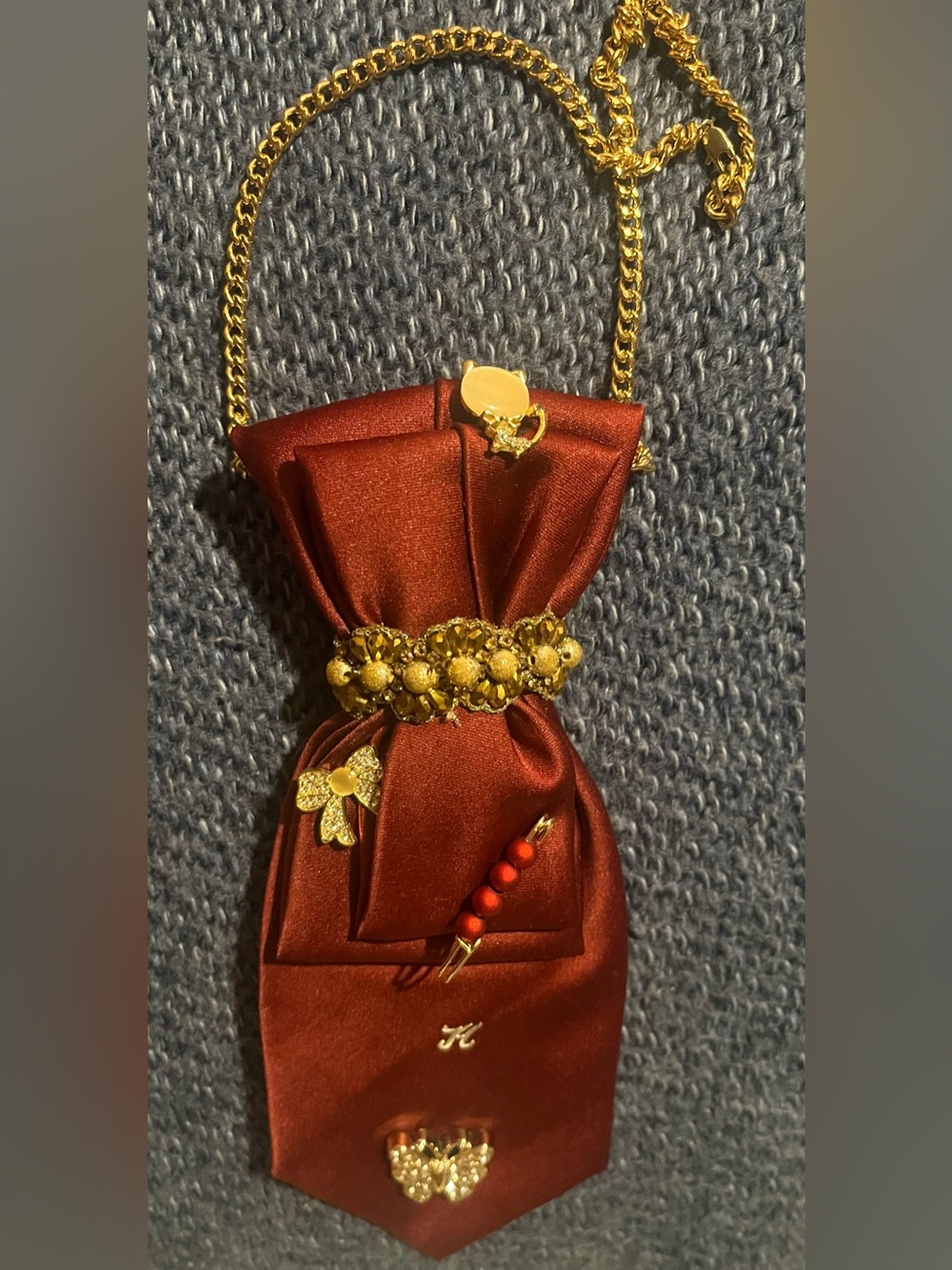 Gold-Accented Burgundy Satin Bow Pendant Necklace